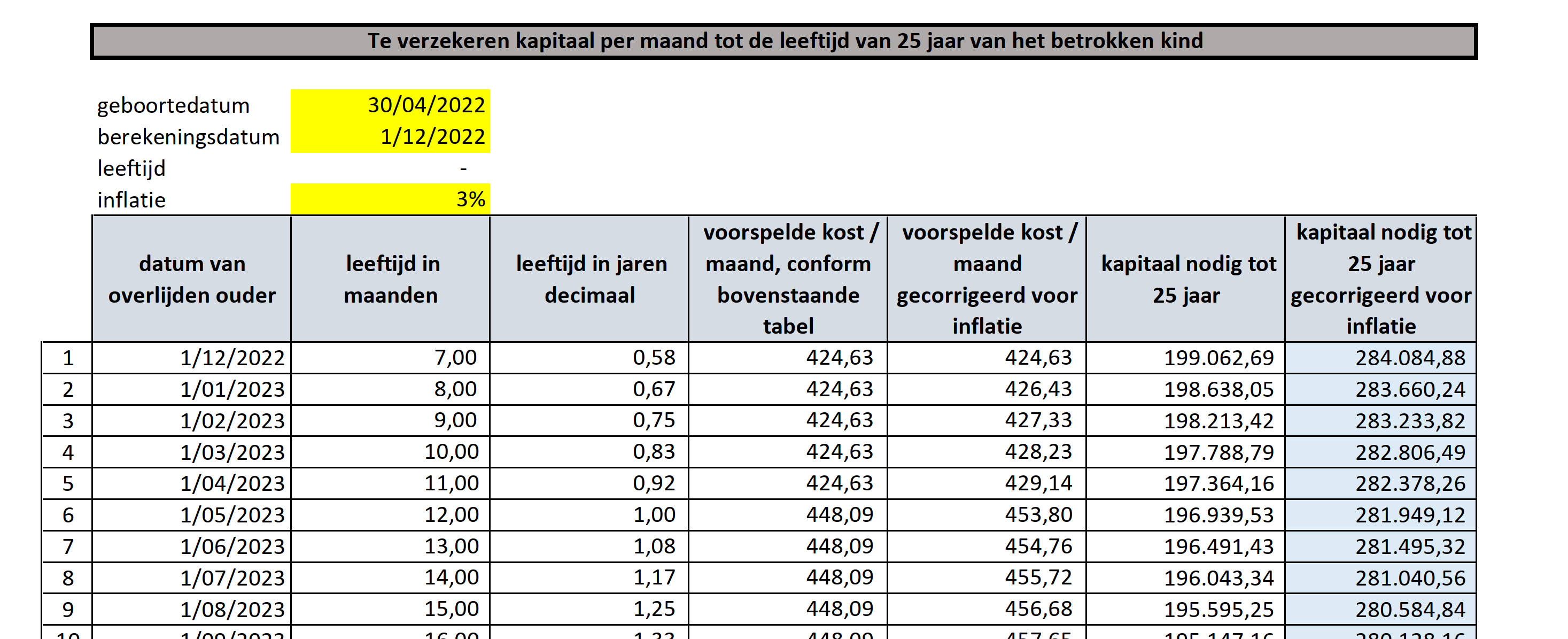 Screenshot van het Life Experts rekenmodel voor een baby'tje van 8 maanden tot zijn 25ste jaar.   Eerste 9 maanden.